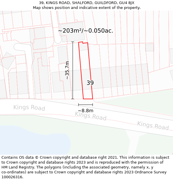 39, KINGS ROAD, SHALFORD, GUILDFORD, GU4 8JX: Plot and title map