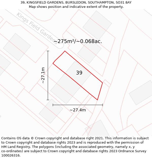 39, KINGSFIELD GARDENS, BURSLEDON, SOUTHAMPTON, SO31 8AY: Plot and title map