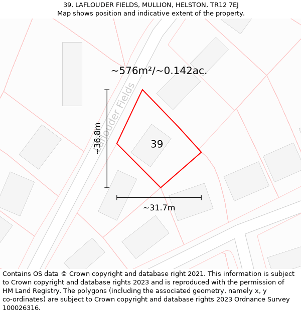 39, LAFLOUDER FIELDS, MULLION, HELSTON, TR12 7EJ: Plot and title map