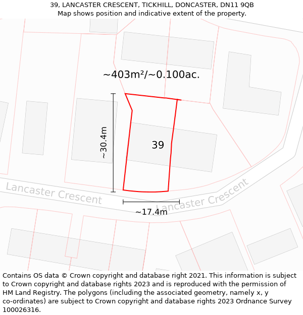 39, LANCASTER CRESCENT, TICKHILL, DONCASTER, DN11 9QB: Plot and title map