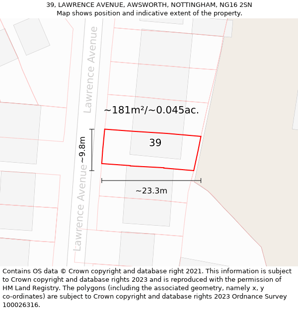 39, LAWRENCE AVENUE, AWSWORTH, NOTTINGHAM, NG16 2SN: Plot and title map