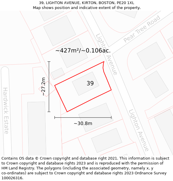 39, LIGHTON AVENUE, KIRTON, BOSTON, PE20 1XL: Plot and title map