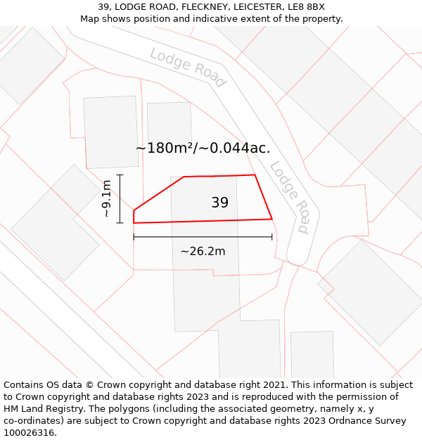 39, LODGE ROAD, FLECKNEY, LEICESTER, LE8 8BX: Plot and title map