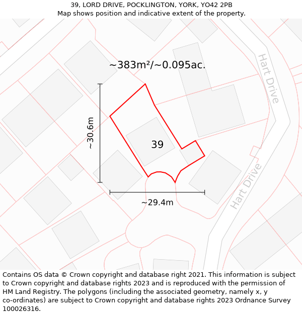 39, LORD DRIVE, POCKLINGTON, YORK, YO42 2PB: Plot and title map