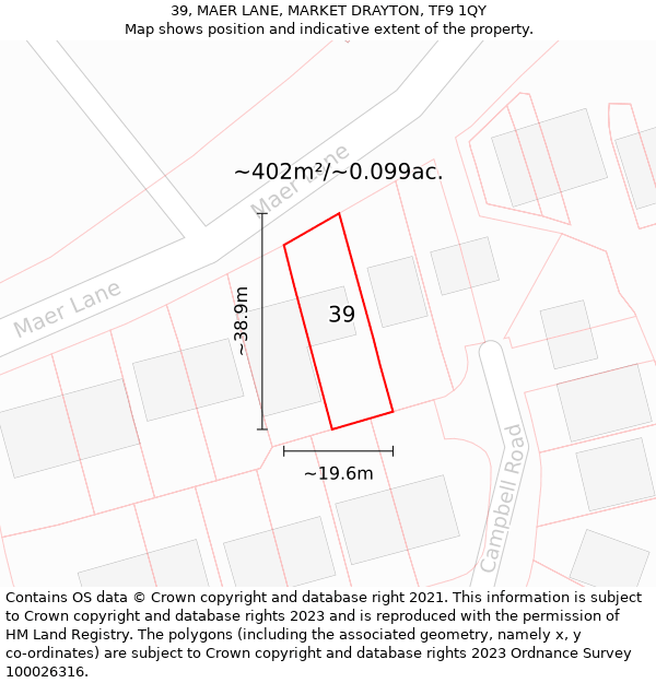 39, MAER LANE, MARKET DRAYTON, TF9 1QY: Plot and title map