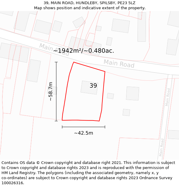 39, MAIN ROAD, HUNDLEBY, SPILSBY, PE23 5LZ: Plot and title map