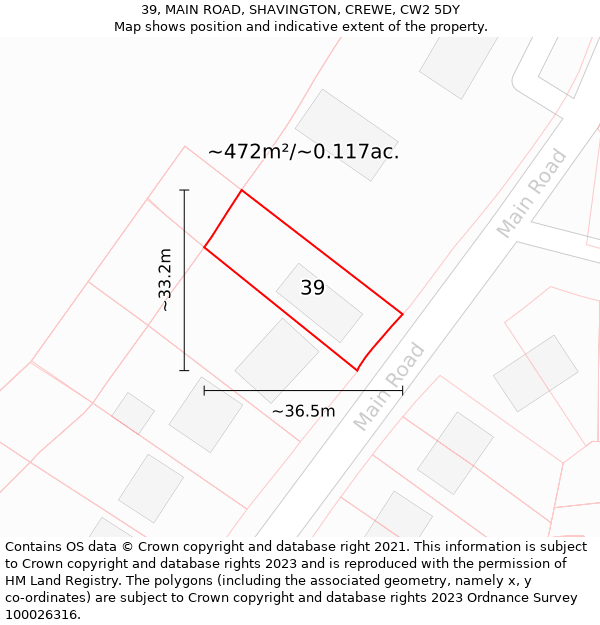 39, MAIN ROAD, SHAVINGTON, CREWE, CW2 5DY: Plot and title map