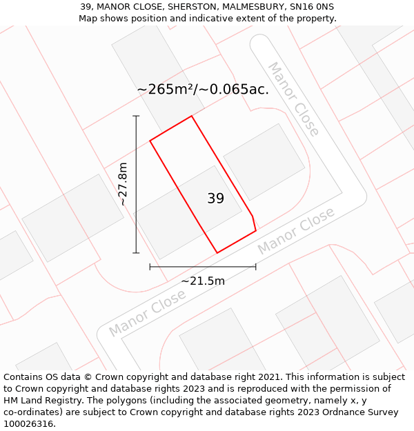 39, MANOR CLOSE, SHERSTON, MALMESBURY, SN16 0NS: Plot and title map