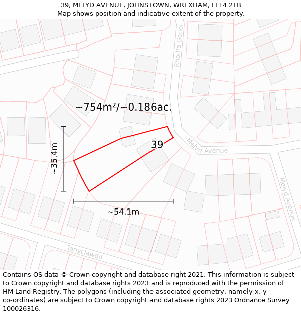 39, MELYD AVENUE, JOHNSTOWN, WREXHAM, LL14 2TB: Plot and title map