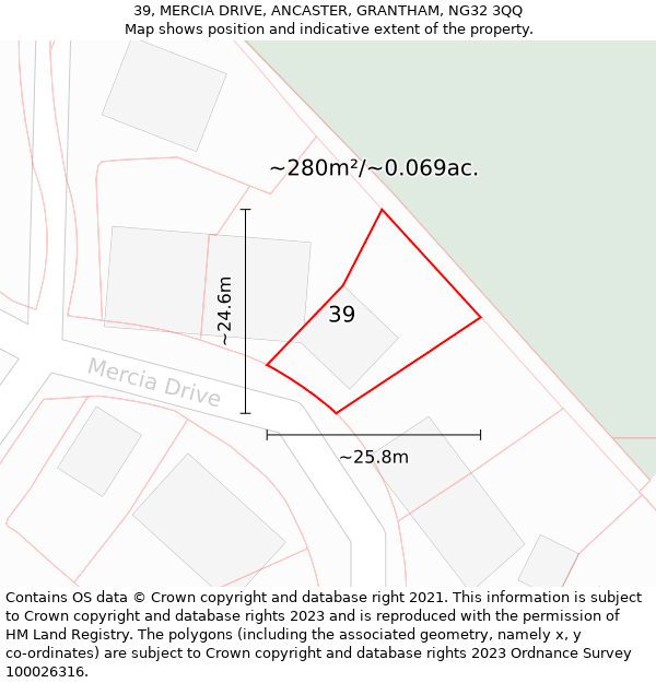 39, MERCIA DRIVE, ANCASTER, GRANTHAM, NG32 3QQ: Plot and title map