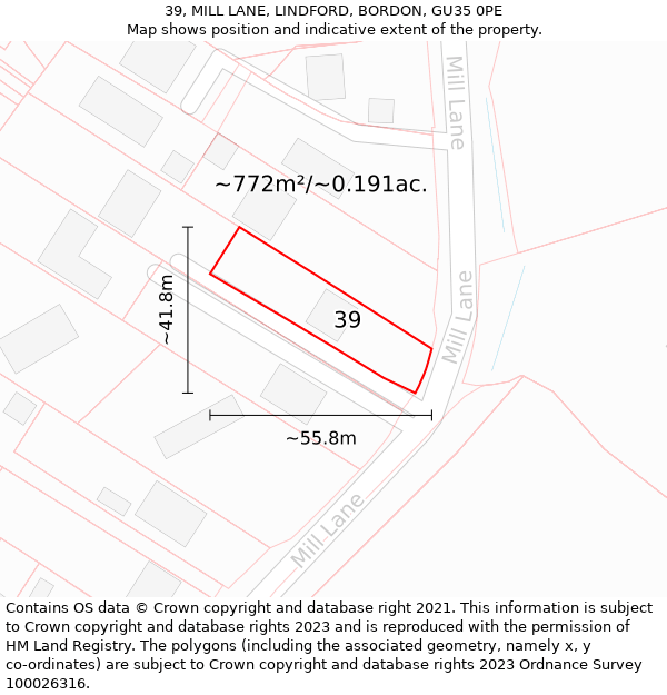 39, MILL LANE, LINDFORD, BORDON, GU35 0PE: Plot and title map