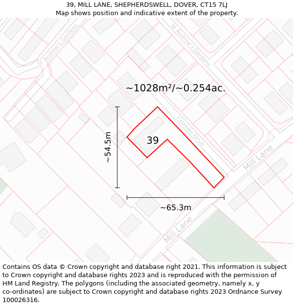 39, MILL LANE, SHEPHERDSWELL, DOVER, CT15 7LJ: Plot and title map