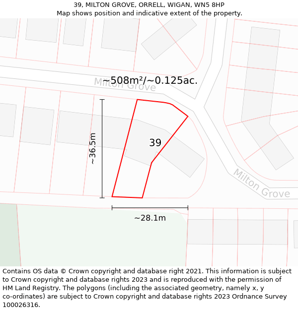 39, MILTON GROVE, ORRELL, WIGAN, WN5 8HP: Plot and title map