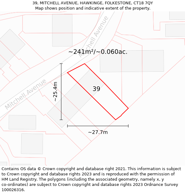 39, MITCHELL AVENUE, HAWKINGE, FOLKESTONE, CT18 7QY: Plot and title map