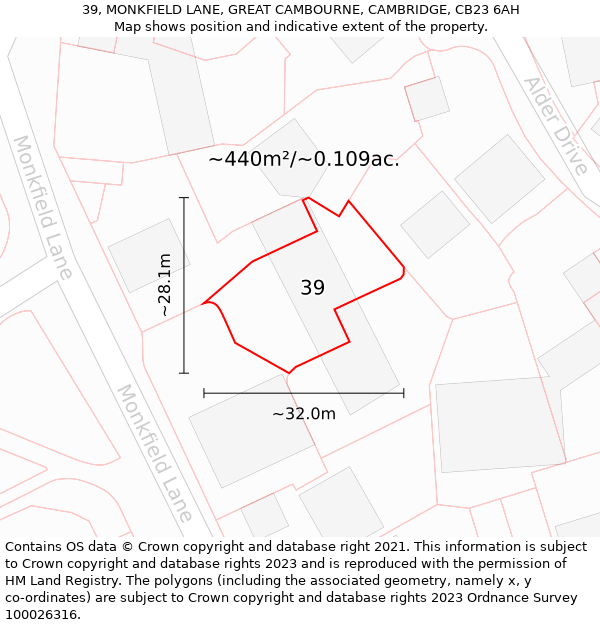 39, MONKFIELD LANE, GREAT CAMBOURNE, CAMBRIDGE, CB23 6AH: Plot and title map