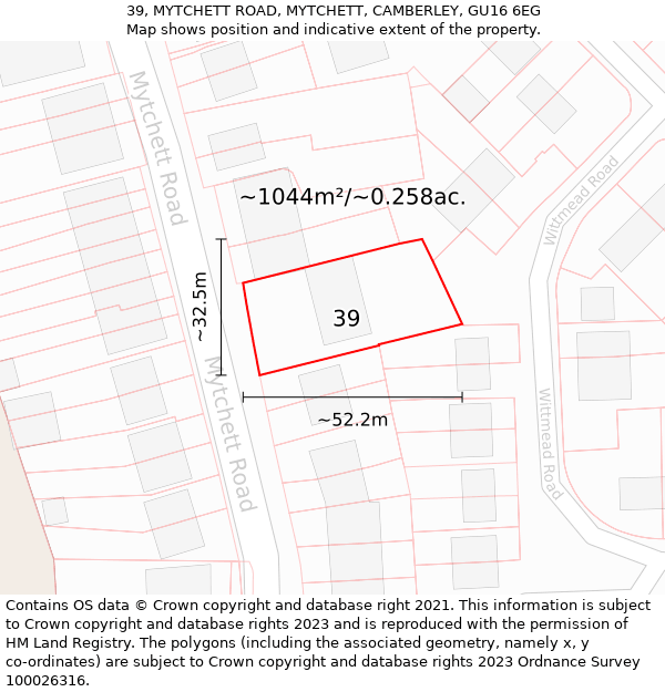 39, MYTCHETT ROAD, MYTCHETT, CAMBERLEY, GU16 6EG: Plot and title map