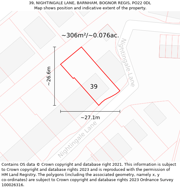 39, NIGHTINGALE LANE, BARNHAM, BOGNOR REGIS, PO22 0DL: Plot and title map