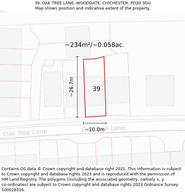 39, OAK TREE LANE, WOODGATE, CHICHESTER, PO20 3GU: Plot and title map