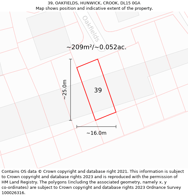 39, OAKFIELDS, HUNWICK, CROOK, DL15 0GA: Plot and title map