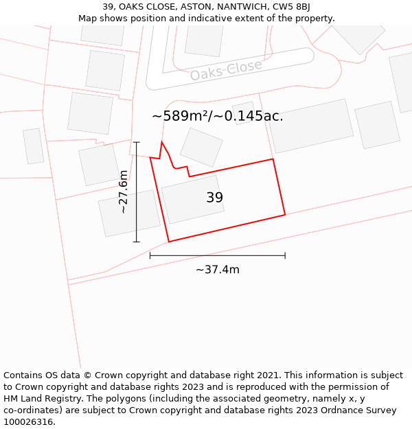 39, OAKS CLOSE, ASTON, NANTWICH, CW5 8BJ: Plot and title map