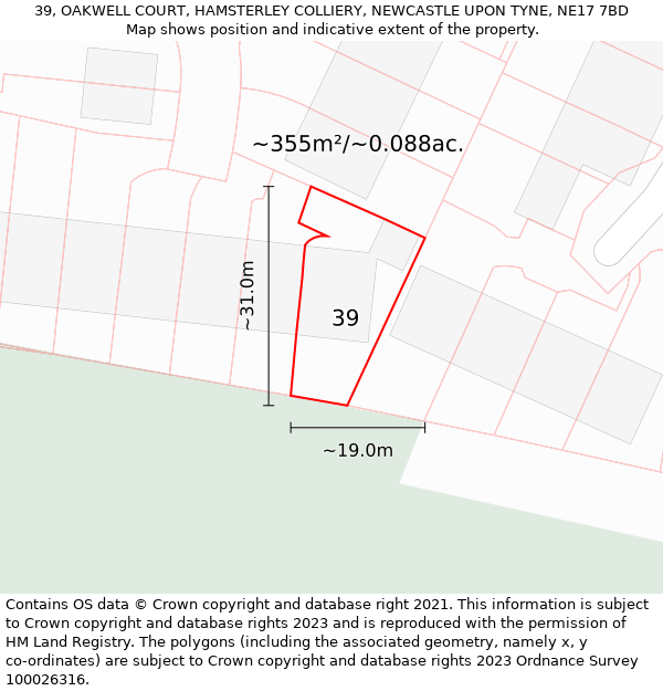 39, OAKWELL COURT, HAMSTERLEY COLLIERY, NEWCASTLE UPON TYNE, NE17 7BD: Plot and title map