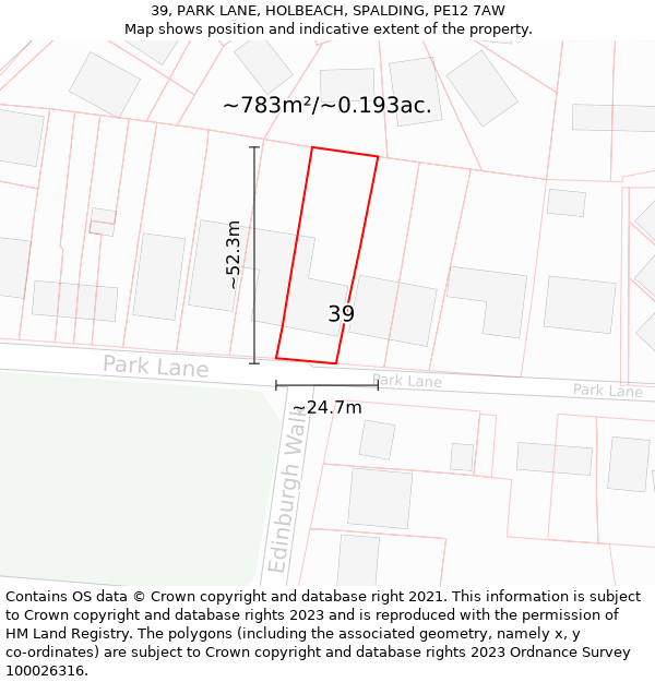 39, PARK LANE, HOLBEACH, SPALDING, PE12 7AW: Plot and title map