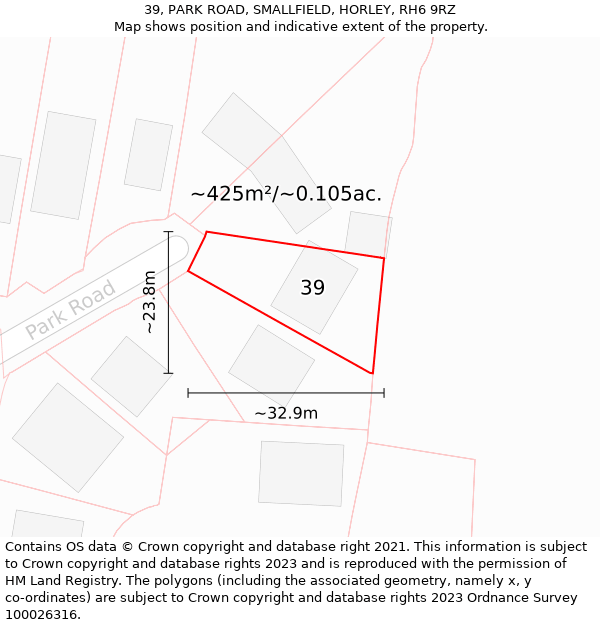 39, PARK ROAD, SMALLFIELD, HORLEY, RH6 9RZ: Plot and title map