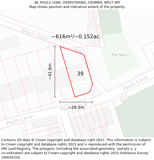 39, PAULS LANE, OVERSTRAND, CROMER, NR27 0PF: Plot and title map