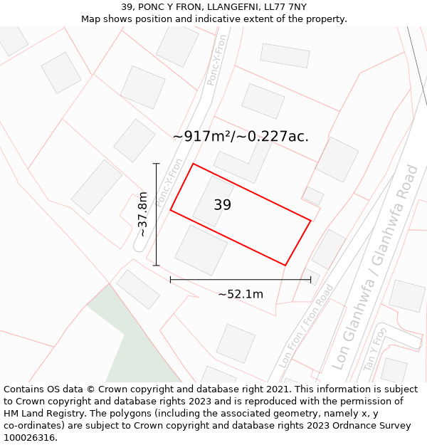 39, PONC Y FRON, LLANGEFNI, LL77 7NY: Plot and title map