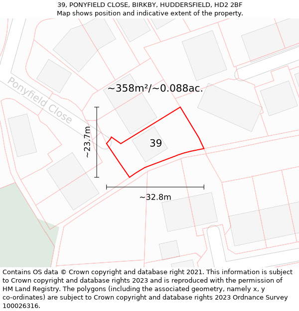 39, PONYFIELD CLOSE, BIRKBY, HUDDERSFIELD, HD2 2BF: Plot and title map