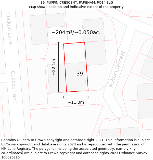 39, PUFFIN CRESCENT, FAREHAM, PO14 3LG: Plot and title map