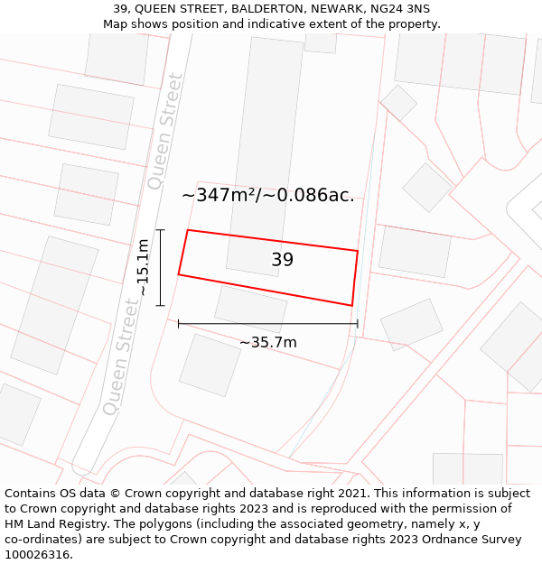 39, QUEEN STREET, BALDERTON, NEWARK, NG24 3NS: Plot and title map