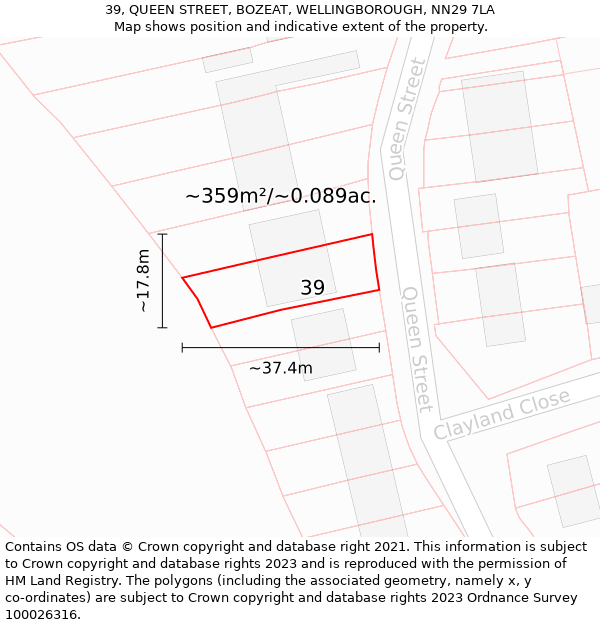 39, QUEEN STREET, BOZEAT, WELLINGBOROUGH, NN29 7LA: Plot and title map