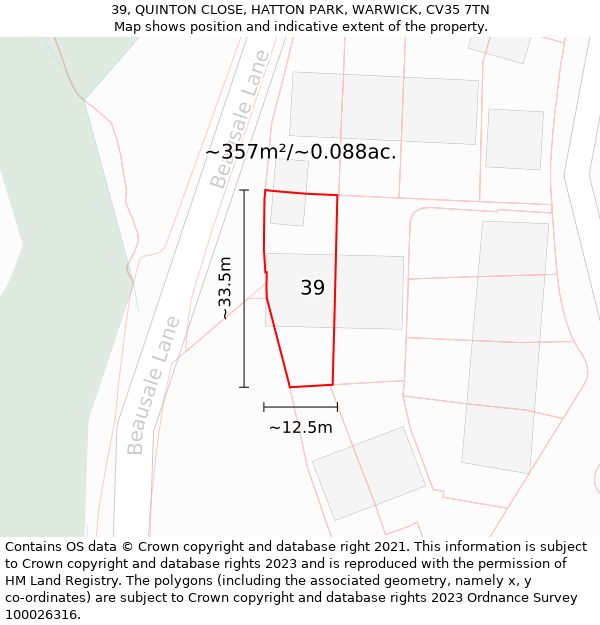 39, QUINTON CLOSE, HATTON PARK, WARWICK, CV35 7TN: Plot and title map