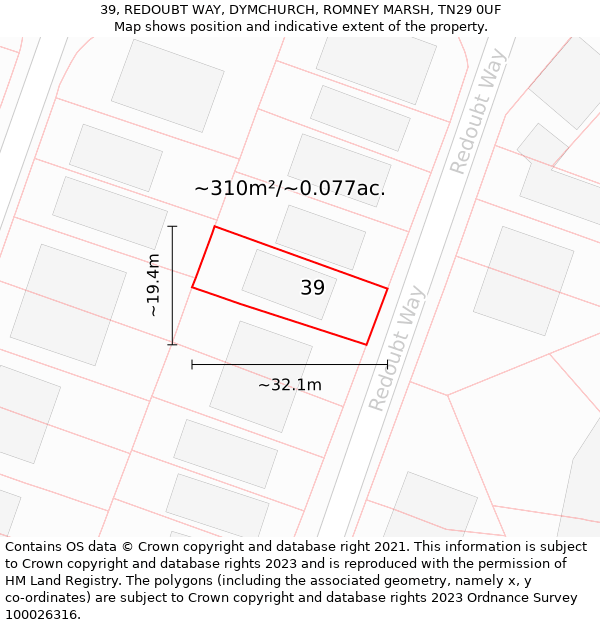 39, REDOUBT WAY, DYMCHURCH, ROMNEY MARSH, TN29 0UF: Plot and title map