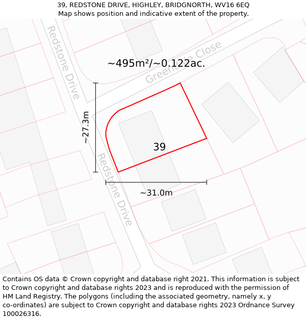 39, REDSTONE DRIVE, HIGHLEY, BRIDGNORTH, WV16 6EQ: Plot and title map