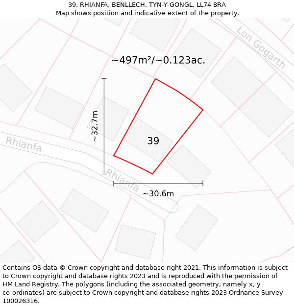 39, RHIANFA, BENLLECH, TYN-Y-GONGL, LL74 8RA: Plot and title map