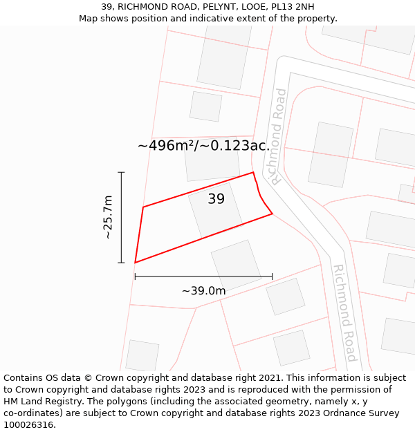 39, RICHMOND ROAD, PELYNT, LOOE, PL13 2NH: Plot and title map