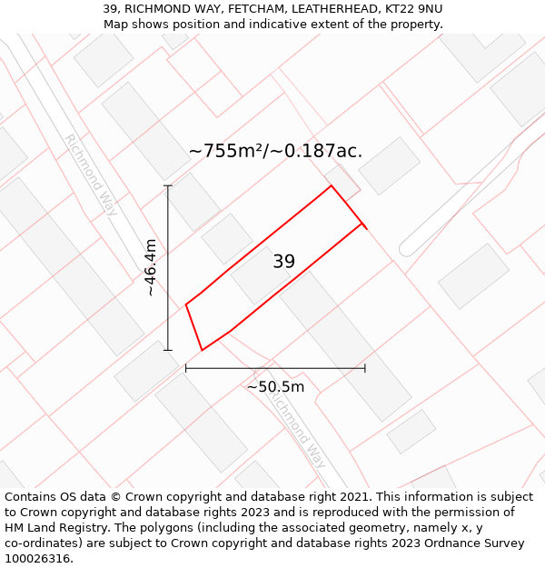 39, RICHMOND WAY, FETCHAM, LEATHERHEAD, KT22 9NU: Plot and title map