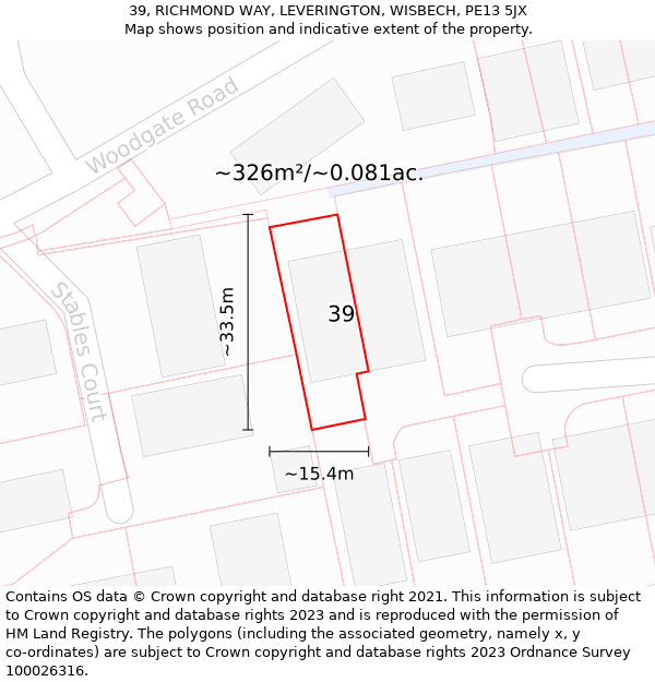 39, RICHMOND WAY, LEVERINGTON, WISBECH, PE13 5JX: Plot and title map