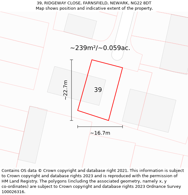 39, RIDGEWAY CLOSE, FARNSFIELD, NEWARK, NG22 8DT: Plot and title map