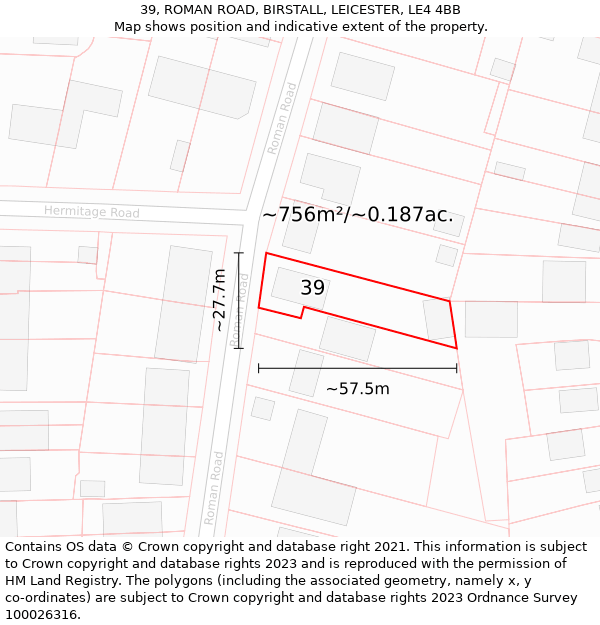 39, ROMAN ROAD, BIRSTALL, LEICESTER, LE4 4BB: Plot and title map