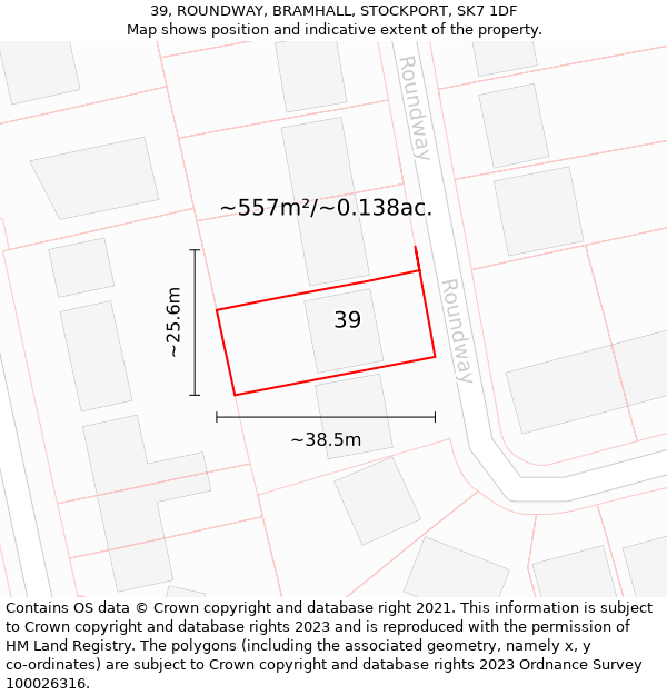 39, ROUNDWAY, BRAMHALL, STOCKPORT, SK7 1DF: Plot and title map