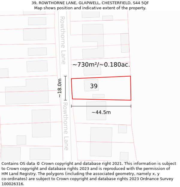 39, ROWTHORNE LANE, GLAPWELL, CHESTERFIELD, S44 5QF: Plot and title map