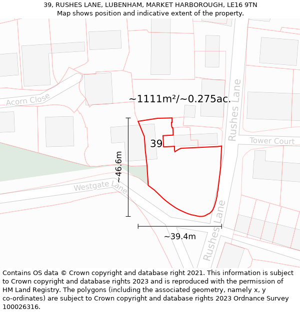 39, RUSHES LANE, LUBENHAM, MARKET HARBOROUGH, LE16 9TN: Plot and title map