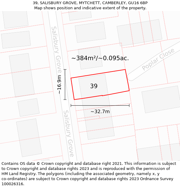 39, SALISBURY GROVE, MYTCHETT, CAMBERLEY, GU16 6BP: Plot and title map