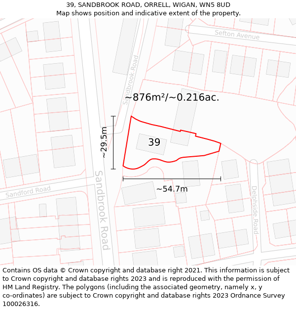 39, SANDBROOK ROAD, ORRELL, WIGAN, WN5 8UD: Plot and title map