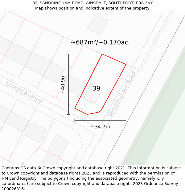 39, SANDRINGHAM ROAD, AINSDALE, SOUTHPORT, PR8 2NY: Plot and title map