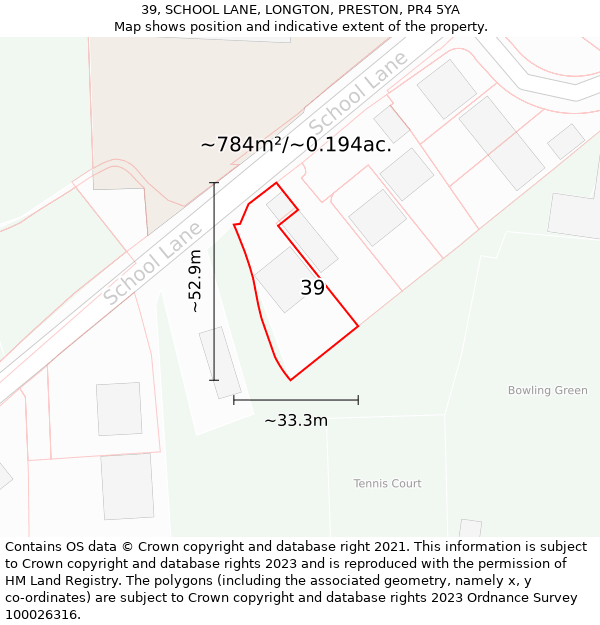 39, SCHOOL LANE, LONGTON, PRESTON, PR4 5YA: Plot and title map