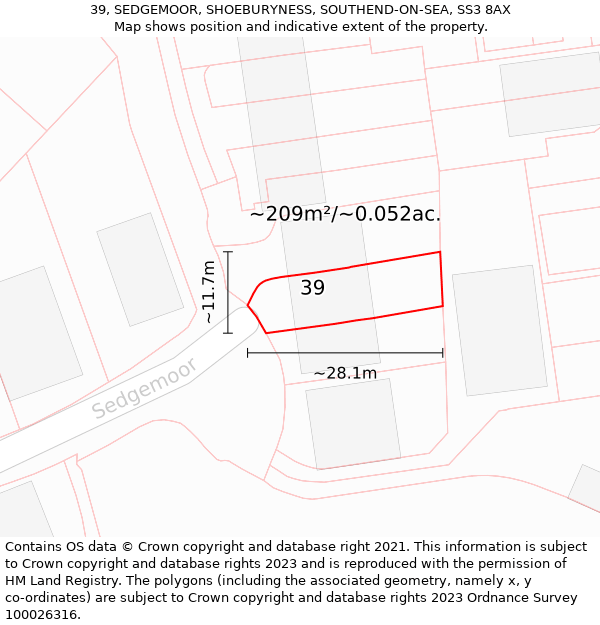 39, SEDGEMOOR, SHOEBURYNESS, SOUTHEND-ON-SEA, SS3 8AX: Plot and title map